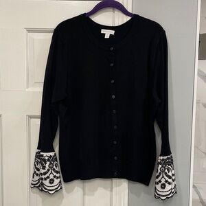 Charter Club Black and White Flared Lace Cuff Button Cardigan Size XL